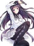  1girl absurdres akemi_homura argyle argyle_legwear black_hair boots hairband high_heels highres long_hair looking_at_viewer magia_record:_mahou_shoujo_madoka_magica_gaiden magical_girl mahou_shoujo_madoka_magica purple_eyes solo white_background yuunamida_uyu 