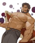  1boy abs bara beard black_hair bulge bursting_pecs christmas cigar ded_(tokyo_houkago_summoners) dutch_angle facial_hair feet_out_of_frame forked_eyebrows gomtang grey_pants holding jacket large_pectorals looking_at_viewer male_focus mature_male muscular muscular_male navel navel_hair nipples pants pectorals red_jacket santa_costume shirtless short_hair solo stomach thick_eyebrows thick_thighs thighs tokyo_houkago_summoners 