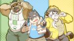  2021 anthro bawp bottomwear canid canine canis clothing domestic_dog eyewear felid fur glasses group hi_res hoodie humanoid_hands kemono licho_(tas) male mammal moritaka overweight overweight_male pantherine pants shirt tiger tokyo_afterschool_summoners topwear video_games white_body white_fur yasuyori 