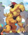  2021 abs anthro back_muscles beard biceps blonde_hair bulge butt claws clothing crouching detailed_bulge digimon digimon_(species) duo ear_piercing ear_ring facial_hair fangs finger_claws fur hair hi_res horn kusunagi leg_grab leomon male male/male mane mane_hair musclegut muscular muscular_anthro muscular_male nipple_fetish nipple_play nipples outside patreon pawpads pecs piercing quads red_hair sea size_difference standing tan_body tan_fur thigh_grab thong toe_claws triceps underwear wargreymon water wraps wrist_wraps yellow_body 