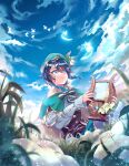 1boy absurdres androgynous bangs beret bird black_hair blue_eyes blue_hair blurry blurry_foreground bow braid brooch cape cloud cloudy_sky collared_cape corset day flower frilled_sleeves frills gem genshin_impact gradient_hair grass green_headwear green_shorts hat hat_flower highres holding holding_instrument huge_filesize instrument jewelry leaf light_particles long_sleeves luc_(user_xzsx2472) lyre male_focus multicolored_hair outdoors shirt short_hair_with_long_locks shorts sky smile solo twin_braids venti_(genshin_impact) white_flower white_legwear white_shirt 