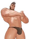  1boy abs bandaid bandaid_on_cheek bara beard black_hair black_male_underwear bulge cowboy_shot cyphers damian_doyle_(cyphers) dark_skin dark_skinned_male facial_hair fist_in_hand gomtang large_pectorals looking_at_viewer male_focus mature_male mohawk muscular muscular_male navel navel_hair own_hands_together short_hair solo stomach thick_thighs thighs underwear underwear_only 