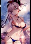  1girl absurdres bangs bare_shoulders bikini blue_eyes blurry blush breasts cleavage collarbone earrings eyebrows_visible_through_hair fate/grand_order fate_(series) hair_ornament halterneck head_tilt highres holding huge_filesize jewelry long_hair magatama medium_breasts miyamoto_musashi_(fate) navel necomi parted_lips scan solo stomach swimsuit tied_hair towel water water_drop white_towel 