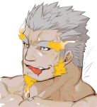  1boy bara blue_eyes character_request close-up face facial_hair fiery_hair fire goatee gomtang heterochromia long_sideburns looking_to_the_side male_focus mature_male muscular muscular_male orange_eyes saliva short_hair sideburns silver_hair solo thick_eyebrows tokyo_houkago_summoners tongue tongue_out wet 