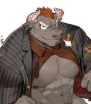  1boy abs animal_ears bara bare_pecs bottomless breath brown_fur cow_ears cow_horns facial_hair from_above furry goatee gomtang gyumao_(tokyo_houkago_summoners) horns large_pectorals looking_at_viewer male_focus male_pubic_hair mature_male minotaur mohawk muscular muscular_male navel navel_hair necktie nipples open_clothes open_shirt pubic_hair red_hair red_shirt scar scar_on_face scar_on_nose shirt short_hair smile solo stomach striped_suit sweatdrop tokyo_houkago_summoners upper_body 