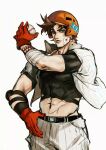  1boy bandage_on_face bandages baseball baseball_helmet baseball_uniform battle_tendency belt brown_hair cowboy_shot crop_top gloves green_eyes helmet highres jojo_no_kimyou_na_bouken joseph_joestar_(young) lips male_focus midriff navel red_gloves simple_background solo sportswear white_background xubeichaoyansuan 