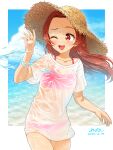  1girl ;d aikatsu! aikatsu!_(series) bikini blue_sky blush brown_hair cowboy_shot dated day forehead hand_up hat highres long_hair looking_at_another nail_polish ocean one_eye_closed open_mouth otoshiro_noel pink_bikini pink_nails red_eyes see-through shirt signature sky smile solo splashing straw_hat sun_hat swimsuit thigh_gap thighs wet wet_clothes wet_shirt wet_t-shirt white_shirt yoban 