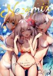  3girls absurdres ahoge anastasia_(fate) artoria_pendragon_(all) artoria_pendragon_(swimsuit_archer)_(fate) ass bare_shoulders bikini blonde_hair blue_eyes blurry blurry_background blush braid breasts cleavage closed_mouth cover cup day drinking_glass fate/grand_order fate_(series) flower food frills fruit green_eyes hair_between_eyes hair_bun hair_flower hair_ornament hat hibiscus highres holding jewelry lemon lemon_slice long_hair looking_at_viewer marie_antoinette_(fate) medium_breasts multiple_girls navel necklace necomi one_eye_closed open_mouth saber scan silver_hair simple_background smile sparkle stomach sun_hat swimsuit thighs tied_hair water water_drop 