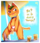  &lt;3 &lt;3_censor animal_crossing anthro beverage bodily_fluids censored domestic_cat english_text felid feline felis female genital_fluids mammal mostly_nude multi_nipple niichan nintendo nipples orange_juice peeing solo star_eyes tangy_(animal_crossing) text tongue tongue_out urine video_games 