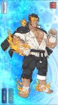  1boy abs bandaged_arm bandaged_feet bandages bara black_hair bulge burnt_clothes dark_skin dark_skinned_male dougi facial_hair flaming_eye flaming_hand full_body gomtang jacket jacket_on_shoulders large_pectorals long_sideburns male_cleavage male_focus mature_male muscular muscular_male open_clothes open_shirt original pants short_hair sideburns solo stubble thick_thighs thighs tight tight_pants tokyo_houkago_summoners torn_clothes torn_pants 