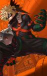  1boy bakugou_katsuki belt black_mask blonde_hair boku_no_hero_academia commentary_request from_below gloves green_gloves highres knee_pads male_focus mask orange_background orange_gloves pants red_eyes solo spiked_hair two-tone_gloves yomoyama_yotabanashi 