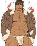  1boy abs bara brown_jacket bulge chest_hair cowboy_shot dark_skin dark_skinned_male facial_hair fire fundoshi fur-trimmed_jacket fur_trim gomtang jacket japanese_clothes kengo_(tokyo_houkago_summoners) large_pectorals long_sideburns long_sleeves looking_at_viewer male_cleavage male_focus muscular muscular_male navel navel_hair nipples no_pants open_clothes open_jacket see-through short_hair sideburns solo stomach stubble thick_thighs thighs tokyo_houkago_summoners wet_male_underwear white_male_underwear 