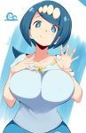  1girl artist_name bangs blue_eyes blue_hair blue_skirt blush breasts cleavage closed_mouth collarbone curvy eyebrows_visible_through_hair fingernails freckles from_above hair_ornament hand_on_own_chest highres jellcaps lana&#039;s_mother_(pokemon) large_breasts long_hair looking_at_viewer mature no_sclera pokemon pokemon_(anime) pokemon_sm_(anime) shirt short_sleeves skirt smile solo upper_body waving 