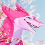  anonymous_artist anthro blue_eyes blurred_background blurred_foreground fur hi_res male pink_body pink_fur red_stripes sergal smile solo stripes taffy_(rufinox) teeth 