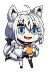  1girl animal_ear_fluff animal_ears aqua_eyes bacon braid derivative_work detached_sleeves eating food fox_ears fox_girl fox_tail hamburger hololive huge_filesize jewelry long_hair parody pentagram ponytail riyo_(lyomsnpmp)_(style) shirakami_fubuki side_braid single_earring single_thighhigh smile solo style_parody tail thighhighs virtual_youtuber white_hair will_(willanator93) 