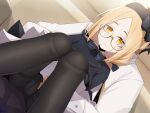  1boy 1girl black_legwear blonde_hair doll doll_joints dutch_angle glasses hat highres joints ogami_kazuki original pantyhose round_eyewear sitting sitting_on_lap sitting_on_person yellow_eyes 