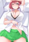  1girl arm_on_head arm_up ass_visible_through_thighs bangs black_bra blue_eyes blush bra bra_peek breasts cleavage collarbone collared_shirt commentary_request couch eyebrows_visible_through_hair go-toubun_no_hanayome green_skirt groin hair_between_eyes large_breasts looking_at_viewer lying mikoshiha nakano_ichika navel on_back open_clothes open_skirt parted_lips partially_unbuttoned pink_hair pleated_skirt shirt short_hair short_sleeves sidelocks skirt solo stomach underwear waking_up white_background white_shirt 