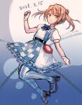  1girl abyssal_ship alice_(wonderland) alice_(wonderland)_(cosplay) alice_in_wonderland blue_background blue_neckwear bow bowtie chain checkered checkered_skirt commentary_request cosplay dated double_bun enemy_lifebuoy_(kancolle) full_body gloves highres kantai_collection light_brown_hair michishio_(kancolle) official_alternate_costume pantyhose pocket_watch short_sleeves short_twintails skirt solo striped striped_legwear twintails two-tone_dress watch white_gloves wss_(nicoseiga19993411) 