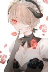  1girl breasts cleavage closed_mouth eyebrows_visible_through_hair finger_to_mouth flower gloves hair_over_one_eye highres honkai_(series) honkai_impact_3rd horns index_finger_raised large_breasts looking_at_viewer maid maid_headdress puffy_short_sleeves puffy_sleeves red_eyes red_flower rita_rossweisse rose short_hair short_sleeves solo whiteshirt 