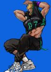  1boy abs absurdres basketball_uniform battle_tendency blonde_hair blue_background closed_eyes copyright_name earrings facial_tattoo highres jewelry jojo_no_kimyou_na_bouken male_focus pants shirt_lift shoes simple_background sneakers solo sportswear tattoo track_pants wamuu wristband xubeichaoyansuan 