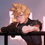  1boy artist_name bangs blonde_hair blue_eyes brown_gloves cloud_strife commentary_request eating final_fantasy final_fantasy_vii final_fantasy_vii_remake food gloves grey_background highres holding holding_food holding_pizza jiro_(ninetysix) male_focus pizza railing shirt short_hair shoulder_plates single_bare_shoulder sleeveless sleeveless_turtleneck solo spiked_hair striped striped_shirt turtleneck upper_body white_background 