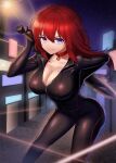  1girl absurdres biker_clothes bikesuit blade bodysuit breasts cleavage collar guardian_tales highres lamppost large_breasts leaping_(fle8410) long_hair looking_at_viewer movie_star_eugene night night_sky purple_eyes red_hair sky smile solo weapon 