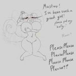  1:1 anthro belly belly_tuft big_breasts bit-small blush breasts cheek_tuft dialogue eyelashes facial_tuft featureless_breasts featureless_crotch female floppy_ears fluffy fluffy_tail grey_background greyscale hi_res holding_breast huge_breasts knock-kneed lying mammal monochrome motion_lines navel nintendo on_back one_eye_closed open_mouth pillow pok&eacute;mon pok&eacute;mon_(species) rockruff simple_background solo tailwag teeth text thick_thighs tongue tongue_out tuft video_games 