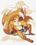  2020 abs absurd_res anthro arm_support asian_clothing biceps bulge canid canine chest_tuft claws clothed clothing east_asian_clothing eye_scar facial_hair facial_scar fox fundoshi fur hi_res japanese_clothing kusunagi looking_at_viewer male mammal multi_tail muscular muscular_anthro muscular_male nipples on_ground orange_body orange_fur pecs quads scar sitting solo toe_claws triceps tsuyoshi_senpai tuft underwear wraps wrist_wraps 