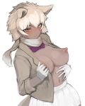  1girl animal_ears bangs blonde_hair blush bow bowtie breasts closed_eyes closed_mouth cowboy_shot dark_skin dark_skinned_female dutch_angle extra_ears eyebrows_visible_through_hair gloves hand_on_own_stomach highres jacket kemono_friends large_breasts looking_at_viewer medium_hair microskirt navel nipples no_bra open_clothes open_jacket scarf shibori_kasu simple_background sketch skirt solo stomach tail tundra_wolf_(kemono_friends) v-shaped_eyebrows white_background white_skirt wolf_ears 