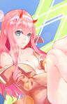  1girl blue_eyes breasts candy cleavage closed_mouth darling_in_the_franxx eyebrows_visible_through_hair fang food hair_between_eyes hairband highres horns jacket lollipop long_hair medium_breasts naked_jacket nhan off_shoulder open_clothes open_jacket pink_hair pink_jacket shiny shiny_hair skin_fang solo straight_hair very_long_hair white_hairband zero_two_(darling_in_the_franxx) 