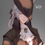  1girl ascot black_bow bloodborne bow brown_cape brown_headwear brown_jacket cape commentary_request gradient gradient_background grey_background grey_hair hair_bow hat jacket jiro_(ninetysix) lady_maria_of_the_astral_clocktower long_hair one_eye_covered open_mouth ponytail portrait solo the_old_hunters tricorne upper_body work_in_progress 