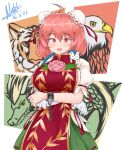  1girl absurdres ahoge animal_on_shoulder bandaged_arm bandages bangs bird border breasts chinese_clothes crossed_arms cuffs dated double_bun dragon eagle eyebrows_visible_through_hair flower green_skirt hair_between_eyes highres ibaraki_kasen large_breasts looking_at_viewer natch_imaycz open_mouth pink_eyes pink_flower pink_hair pink_rose rose shackles shirt short_hair short_sleeves signature skirt smile solo standing tabard tiger touhou white_border white_shirt 