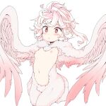  1girl blush breasts eyebrows_visible_through_hair feathered_wings feathers harpy highres ls-lrtha messy_hair monster_girl navel nipples original pink_feathers red_eyes short_hair simple_background small_breasts solo white_background white_feathers winged_arms wings 