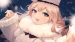  1girl absurdres azur_lane coat eyebrows_visible_through_hair fireworks fur-trimmed_coat fur_hat fur_trim hat highres kioroshin long_hair looking_at_viewer murmansk_(azur_lane) purple_eyes signature smile upper_body white_coat 