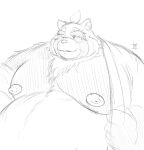  2021 anthro blush canid canine clothing hi_res kemono live-a-hero male mammal moobs nipples obese obese_male one_eye_closed overweight overweight_male pochizizi raccoon_dog robe shoen sketch solo tanuki video_games wink 