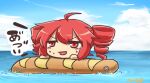  1girl afloat artist_name baguette blush_stickers bread chibi cloud commentary day drill_hair food inflatable_toy kasane_teto katai_ameshi ocean open_mouth outdoors red_eyes red_hair ripples short_hair solo sweat translated twin_drills upper_body utau v-shaped_eyebrows 