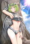 1girl arm_up armpits blue_eyes blue_sky blurry bokeh breasts cloud depth_of_field frown granity_(monster_farm) green_hair groin horns large_breasts long_tail monster_farm navel short_hair sky solo tail thighs untold wings 