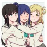  3girls ^_^ aqua_eyes black_hair blue_hair blush braid closed_eyes closed_mouth crown_braid green_eyes grin group_hug hair_ornament hair_rings hairclip high_ponytail hug kurosawa_dia long_hair love_live! love_live!_sunshine!! matsuura_kanan mole mole_under_mouth multiple_girls my_234_wht ohara_mari open_mouth ponytail school_uniform simple_background smile teeth thick_eyebrows upper_teeth uranohoshi_school_uniform winter_uniform 