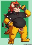  2021 3_toes 4_fingers accessory anthro balls bottomless bowser bracelet chubby_anthro chubby_male clothed clothing feet fingerless_gloves fingers genitals gloves golf_club hair hair_accessory hairband handwear hi_res horn jewelry koopa looking_at_viewer male mario_bros mario_golf mature_male nintendo overweight overweight_male penis polo_shirt potbelly red_eyes red_hair scalie shell shirt signature sketchybug smile smirk solo spiked_bracelet spikes spikes_(anatomy) text toes topwear turtle_shell url video_games 