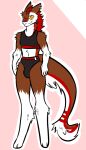  anthro black_clothing bra brown_body brown_fur clothed clothing crossdressing ear_piercing facial_piercing fur girly male nose_piercing panties pennyforapanda piercing red_body red_fur scar sergal solo sports_bra swimwear tag underwear white_body white_fur wulframite 