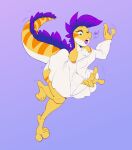  absurd_res anthro big_tail biped breasts clothing dialogue dress female hi_res non-mammal_breasts open_mouth reptile scalie simple_background solo speech_bubble takiminada tongue tongue_out tripping 