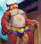  2021 anthro bulge clothing dragon hi_res horn hose lgbt_pride male multicolored_clothing muscular muscular_anthro muscular_male mystikfox61 outside pride_colors rainbow_clothing shirt solo tank_top topwear wet wet_clothing wingless_dragon yellow_eyes 