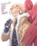  1boy birthday black_gloves black_shirt blonde_hair boku_no_hero_academia brown_jacket can commentary_request dated deavor_lover facial_hair facial_mark fangs feathered_wings fur-trimmed_gloves fur-trimmed_jacket fur_trim gloves goggles happy_birthday hawks_(boku_no_hero_academia) headphones high_collar highres holding holding_can jacket korean_commentary long_sleeves looking_at_viewer male_focus open_mouth red_wings shirt short_hair simple_background smile solo stubble tinted_eyewear upper_body upper_teeth white_background wings yellow-tinted_eyewear yellow_eyes 