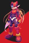  1boy absurdres android armor arms_at_sides artist_name black_background black_bodysuit blonde_hair blurry bodysuit clenched_hands closed_mouth commentary dated depth_of_field floating_hair full_body helmet highres long_hair looking_at_viewer male_focus purple_eyes red_background red_headwear rockman rockman_zero serious shadow solo standing twitter_username two-tone_background very_long_hair zero-go zero_(rockman) 