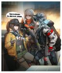  3girls absurdres acog assault_rifle bandolier cheogtanbyeong cleaners combat_knife commentary deele_(girls_frontline) dima_(girls_frontline) duct_tape english_text explosive gas_mask genderswap genderswap_(mtf) girls_frontline gloves goggles goggles_on_headwear grenade gun h&amp;k_hk416 helmet highres hk416_(fang)_(girls_frontline) hk416_(girls_frontline) knife last_man_battalion mask_around_neck multiple_girls pointing rifle rogue_division_agent scope speech_bubble tactical_clothes thighhighs tom_clancy&#039;s_the_division trigger_discipline vector_(girls_frontline) vector_(hellfire)_(girls_frontline) weapon winter_uniform 