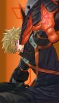  1boy bakugou_katsuki belt black_gloves black_jumpsuit blonde_hair boku_no_hero_academia clenched_teeth commentary_request gloves gradient gradient_background highres jumpsuit male_focus orange_background orange_gloves red_eyes solo spiked_hair teeth two-tone_gloves yomoyama_yotabanashi 