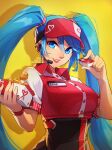  1girl blue_eyes blue_hair box breasts eyebrows_visible_through_hair fast_food fried_chicken headset holding holding_box large_breasts league_of_legends long_hair making-of_available md5_mismatch name_tag parted_lips sauce smile solo sona_buvelle twintails uniform upper_body very_long_hair visor_cap vmat yellow_background 