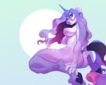  absurd_res anthro areola biped bovid bovine breasts butt crouching digitigrade equid equine female fur hair hi_res hooves horn looking_at_viewer looking_back low-angle_view mammal nipples nude rear_view simple_background smile solo takiminada unicorn unicorn_horn 