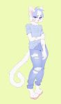  absurd_res anthro band-aid bandage biped bodily_fluids bottomwear clothing denim denim_clothing felid feline frown fur hair hi_res jeans looking_at_viewer male mammal neck_tuft pants pawpads paws shirt simple_background solo standing t-shirt takiminada tears topwear torn_clothing tuft 