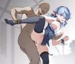  1boy 1girl absurdres ako_(blue_archive) ass bangs bar_censor bell belt bent_over black_legwear blue_archive blue_collar blue_eyes blue_hair blue_hairband blurry blurry_background blush breast_grab breasts breasts_outside buttons censored clothed_female_nude_male clothing_aside collar covered_navel dark-skinned_male dark_skin double-breasted ear_piercing eyebrows_visible_through_hair fangs foot_out_of_frame from_side garter_belt grabbing groin hair_between_eyes hairband hetero highres houkiboshi_(mmjw7432) large_breasts leg_grab neck_bell nipples no_panties nude open_mouth penis piercing rape saliva sex sex_from_behind skindentation smile standing standing_on_one_leg thighhighs thighs tongue tongue_out 